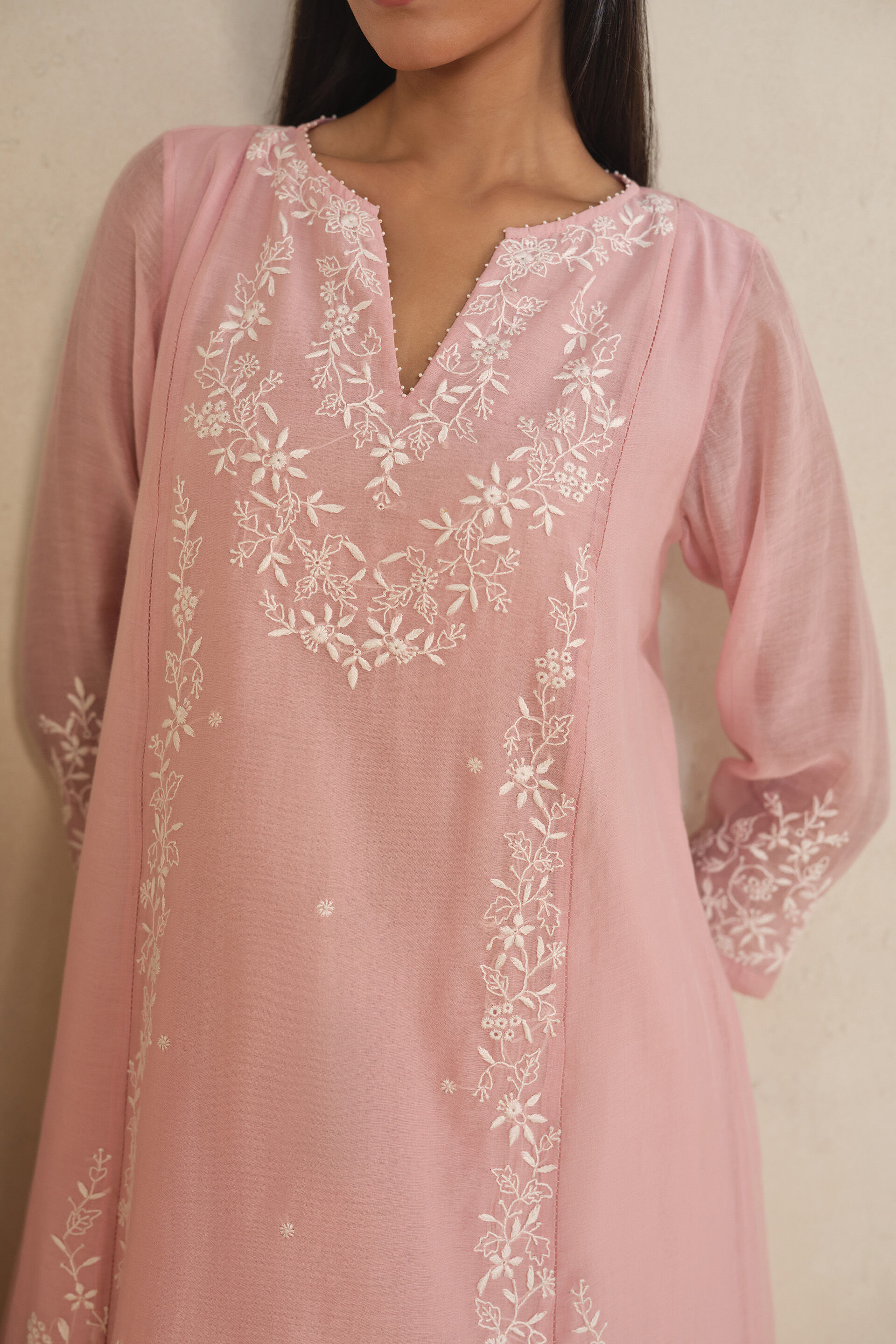 Haiku Chikankari Hand-embroidered Mul Kurta Set - Pink, Pink, image 5